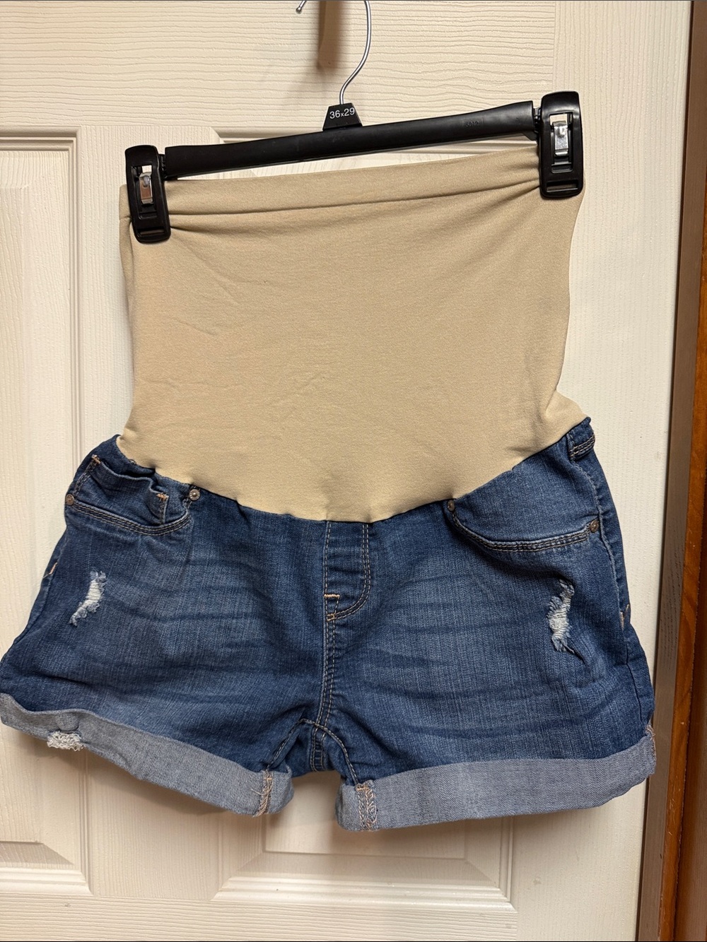 High-Waist Maternity Denim Shorts with Beige Support Panel